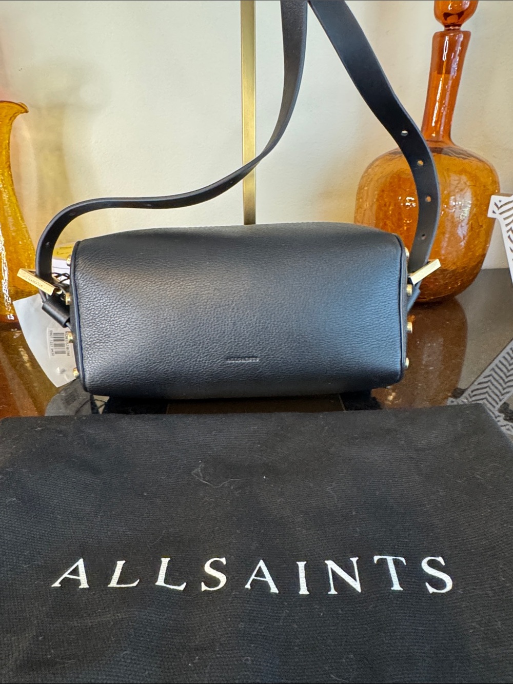 All Saints Black Pebbled Leather Messenger Bag